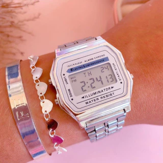 Relógio Retrô Wr Unissex Prata Fundo Branco Preto Digital Led Vintage Feminino