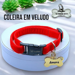 Coleira para Cachorro Luxo com Plaquinha de Identificação Nome e Telefone Gravado