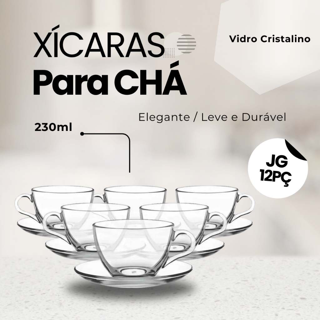 Jogo Xícaras Café Com Pires Chá 12 Peças Vidro Incolor 230ml