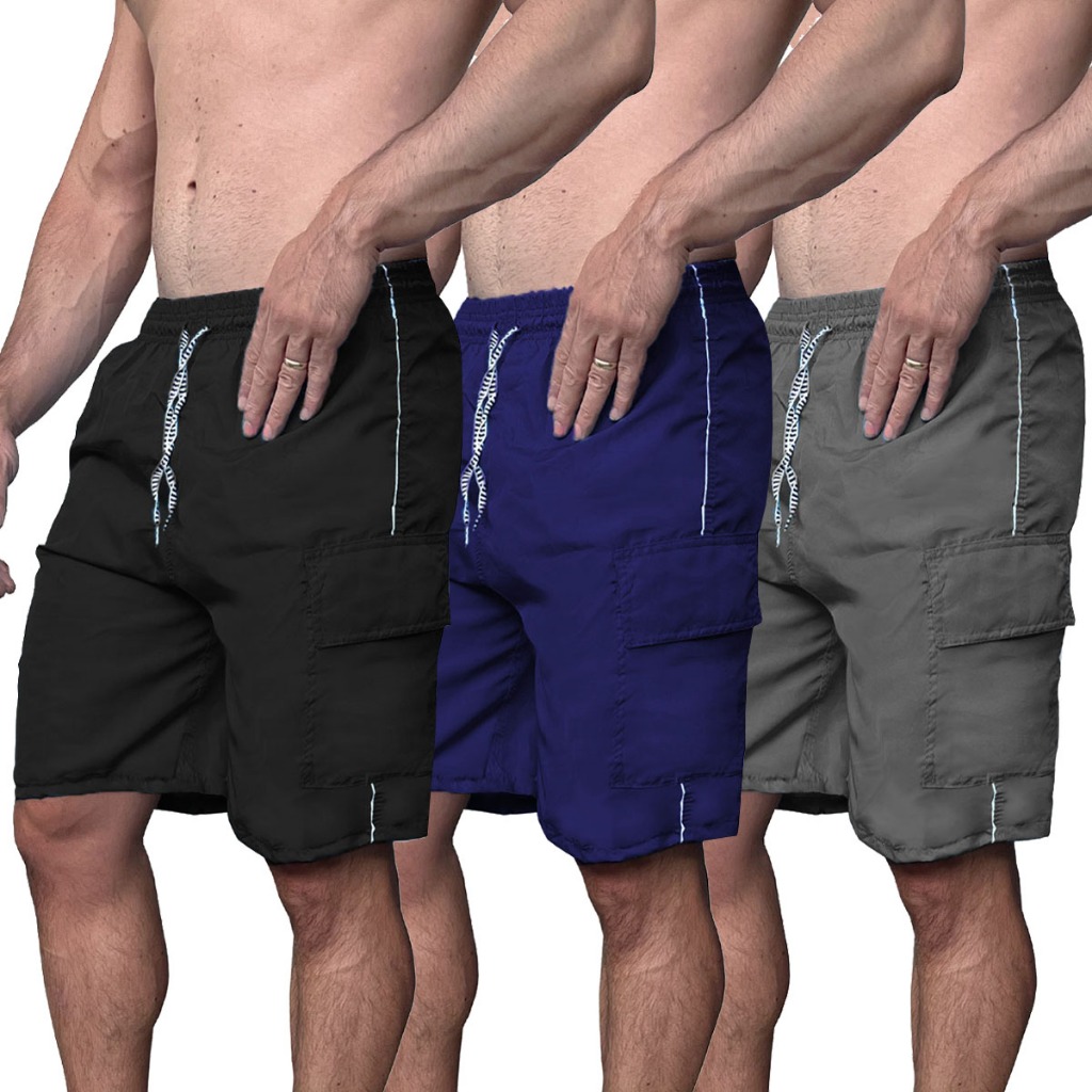Kit 3 Bermudas Tactel Masculina Cargo Academia Corrida Musculação 3 Bolsos