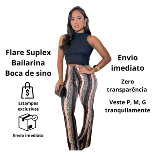 Calça Feminina Flare Suplex Boca de Sino com Cintura Alta Moda Blogueira