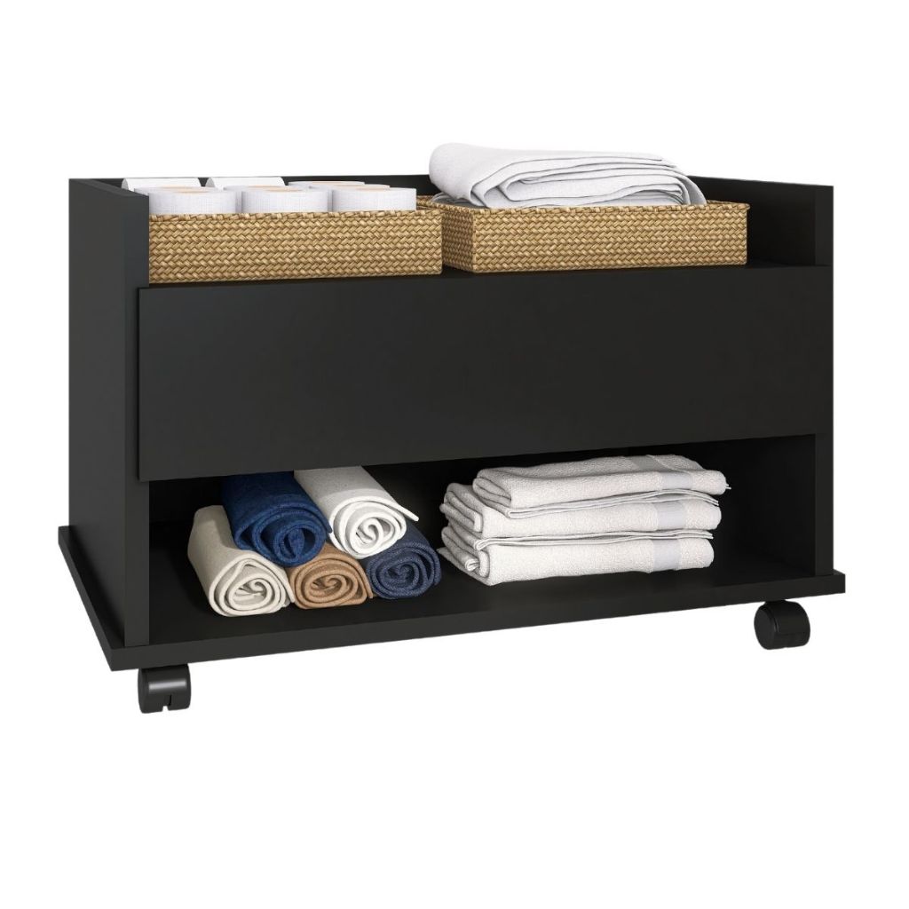 Gabinete Armário Banheiro C/ Rodízios Gaveteiro Branco/Preto
