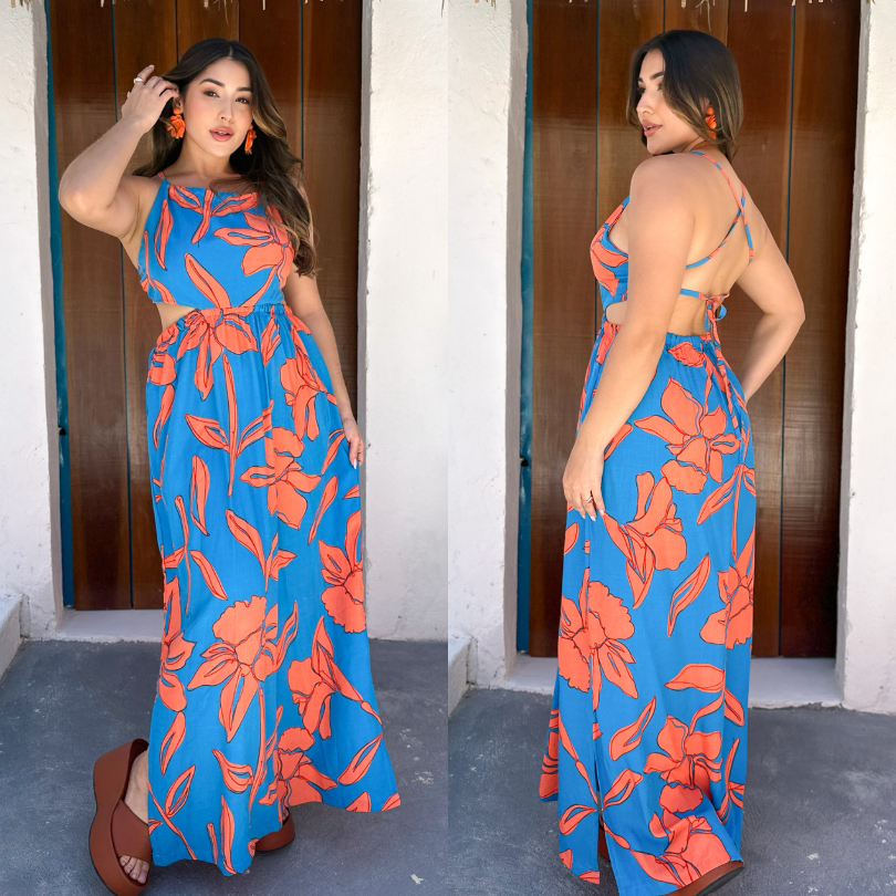 Vestido Longo Feminino Viscolinho Costa Nua Amarração Verão