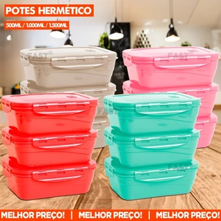 Kit 12 Potes Retangular Plástico Tampa Hermética Com Alta Vedação em Silicone Organizador de Geladeira Pote de Alimentos Marmita Empilhável Com Trava 500ml / 1.000ml / 1.500ml - BPA FREE Resistente