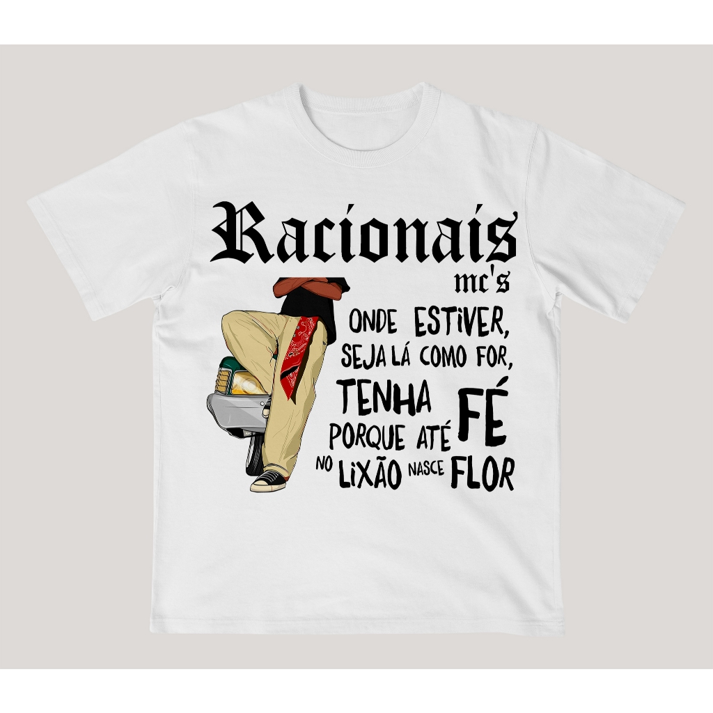 Camiseta Oversized Off-Whit e Branca Racionais Frases Versos Rap
