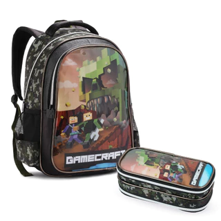 Mochila e Estojo Duplo Infantil Menino Escolar Gamecraft Grande Reforçado