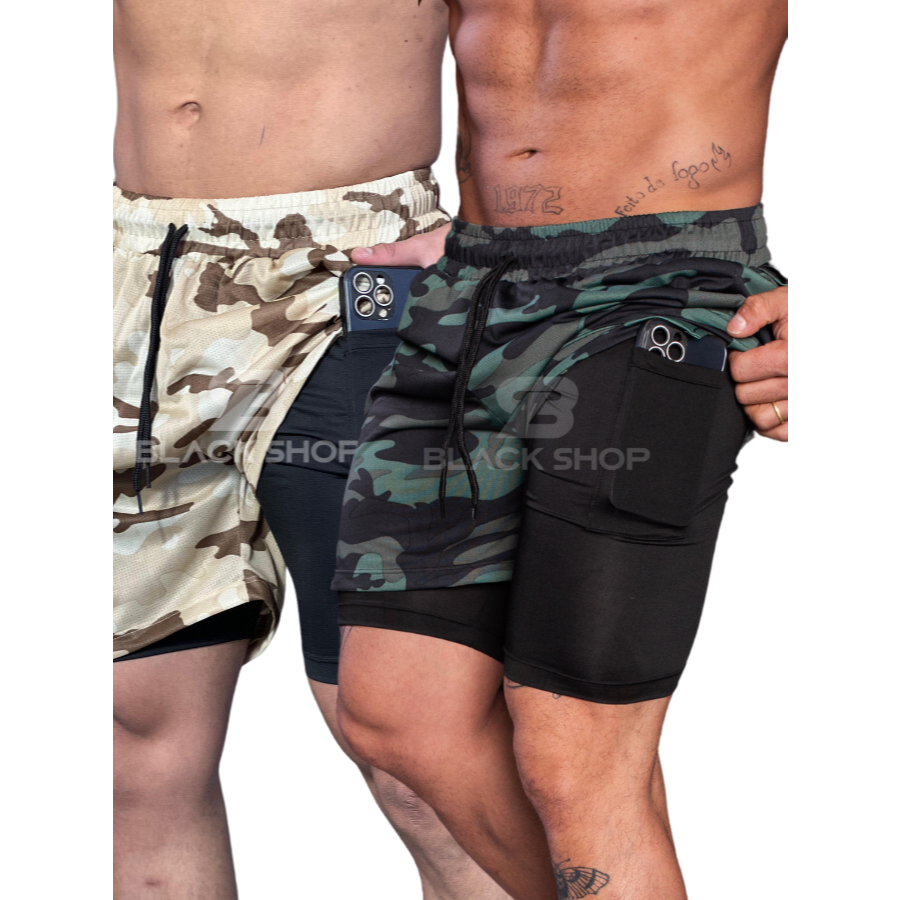 KIT 2 Calção Short 2 em 1 CAMUFLADO Compressão Academia Treino Corrida Com Elastano