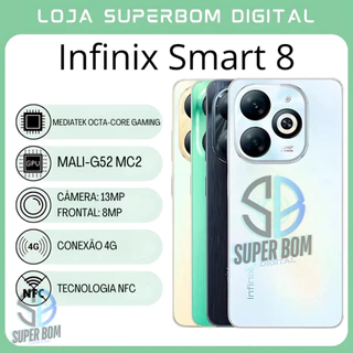 Celular Smartphone Infinix Smart 8 128GB/4GB RAM, Bateria 5000Mah 4G, Câmera 13MP Versão Global (Lacrado)
