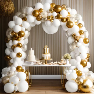 Kit 75 Balões Branco Tamanho 7 + Dourado Metalizado Número 5 Polegadas - Bexiga Festas e Aniversário