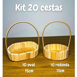 Kit 20 Cestas Fraldeira Pinus 10 oval e 10 Redonda Com Alça Lembrancinha
