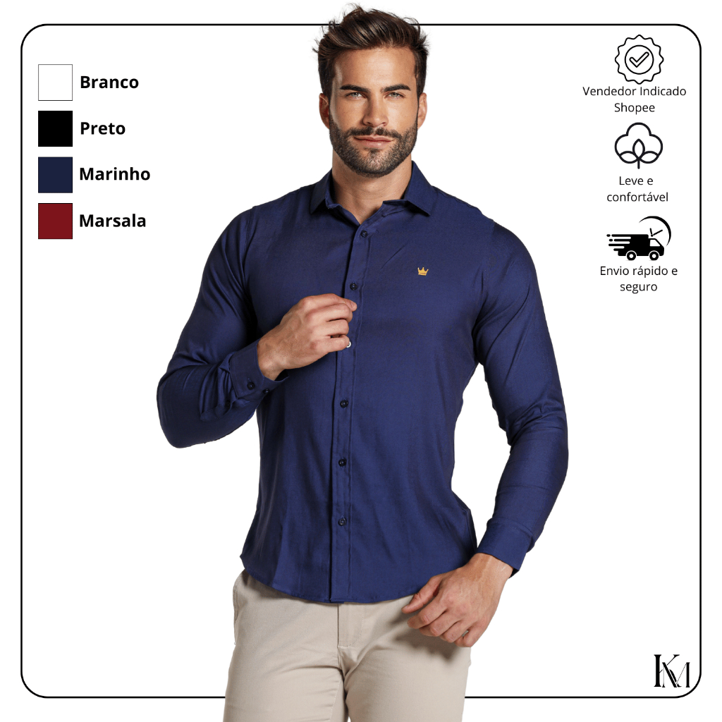 Camisa Social Manga Longa Tencel Masculina Moda Casual Elastano ...