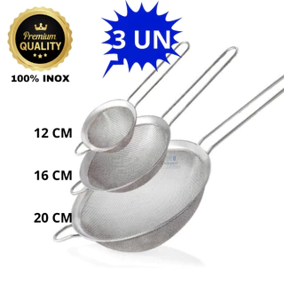 KIT 3 Peneiras 12 cm 16 cm e 20 cm De Aço Inox Utensílios De Cozinha