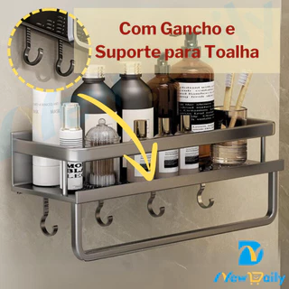 Suporte de Shampoo e Organizador para Prateleiras de Banheiro com Gancho e Suporte para Toalha Sem Furo Premium em Alumínio Espacial de Alta Qualidade. RC-04