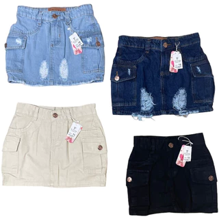Saia Jeans Cargo Feminina Juvenil - Claro, Escuro, Bege e Preto - 10 ao 16