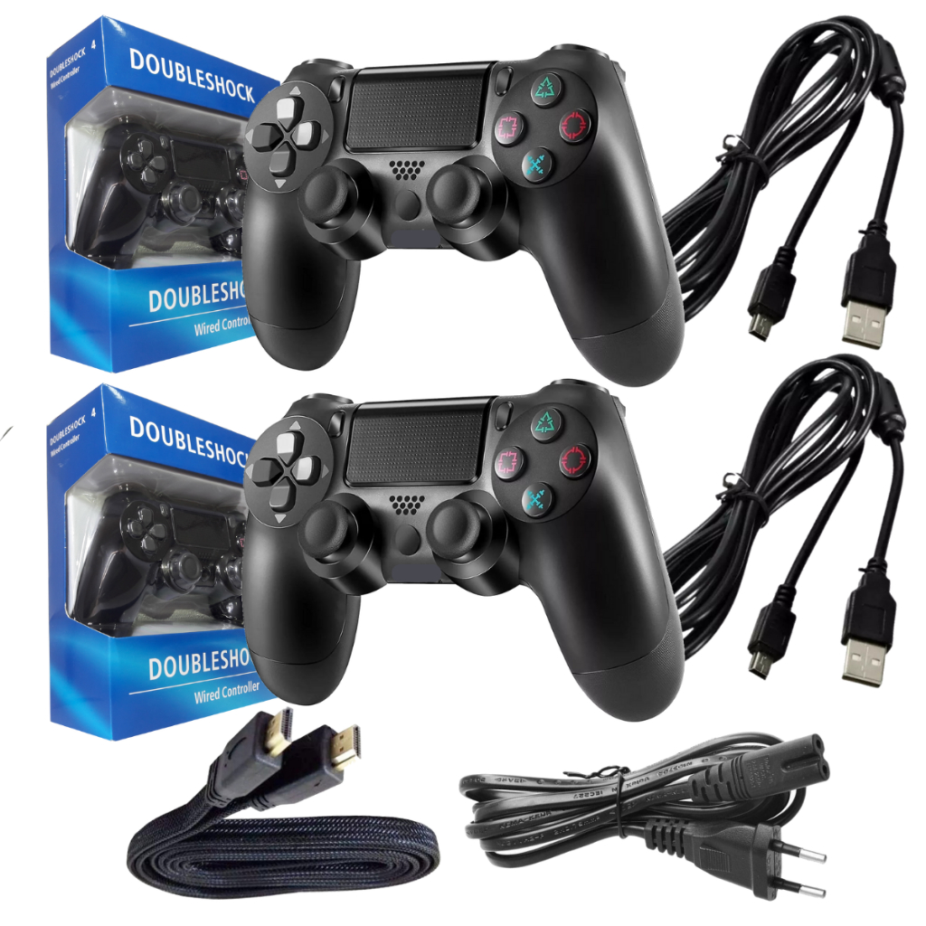 Kit 2 Controles Acessórios Para Console Ps4 Com Fio Usb + 2x Cabos V8 ...