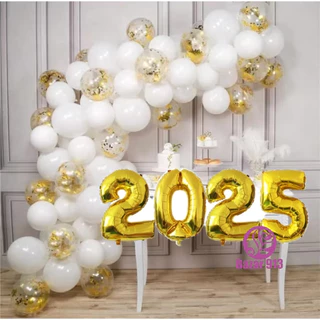 Kit Ano Novo Número 2025 Dourado + 50 Branco bexigas 8 POL + 10 Cristal 9 POL Com Confete Ouro Decoração