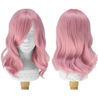 Peruca Rosa Ondulada Média C/ Franja Lolita Cosplay Wig