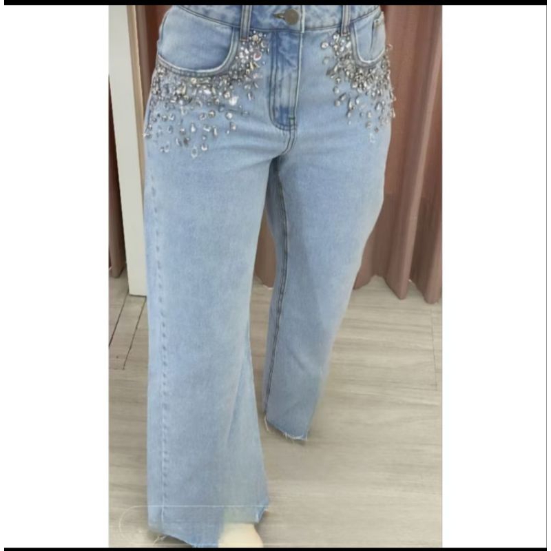 pré venda calça jeans com strass bordado pedraria alto brilho prata dolce