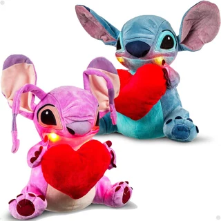 Kit 2 Pelúcia Stitch e Angel Coração Disney Antialérgico 30cm Som e Luz Original Licenciado