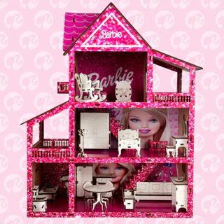 Kit Casinha Boneca MDF Adesivada Rosa + 19 Mini Moveis Brinquedo Infantil
