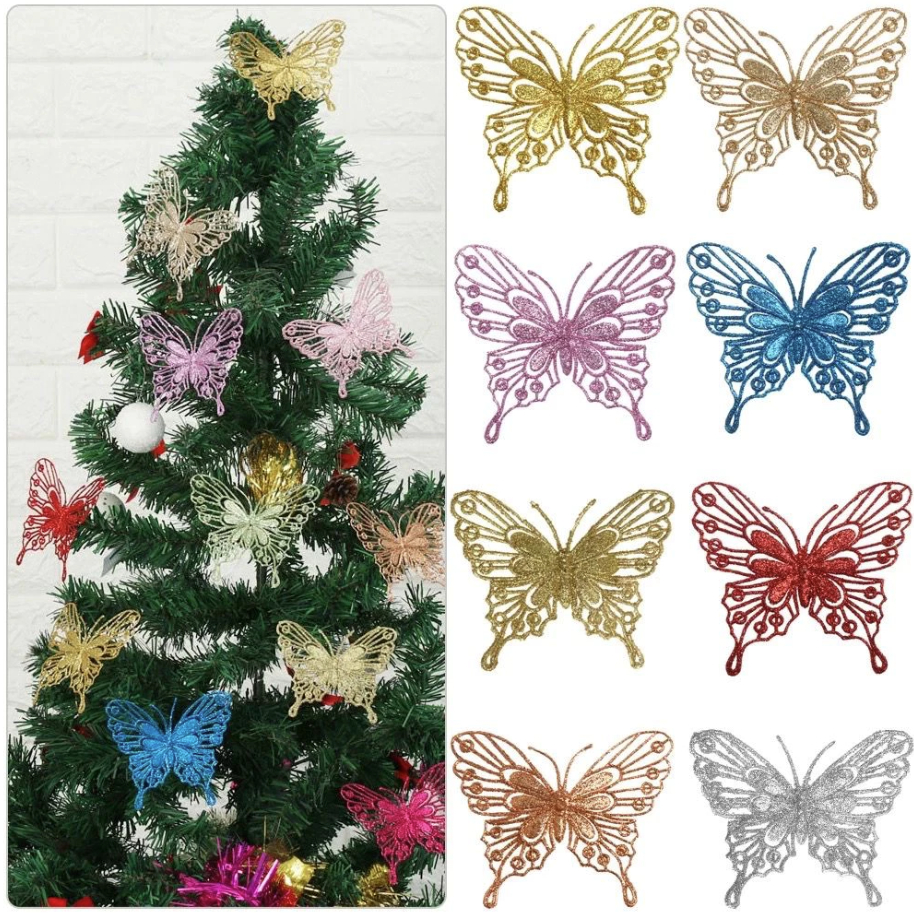 Enfeites de Natal com borboleta oca e brilho enfeites de árvore de Natal.