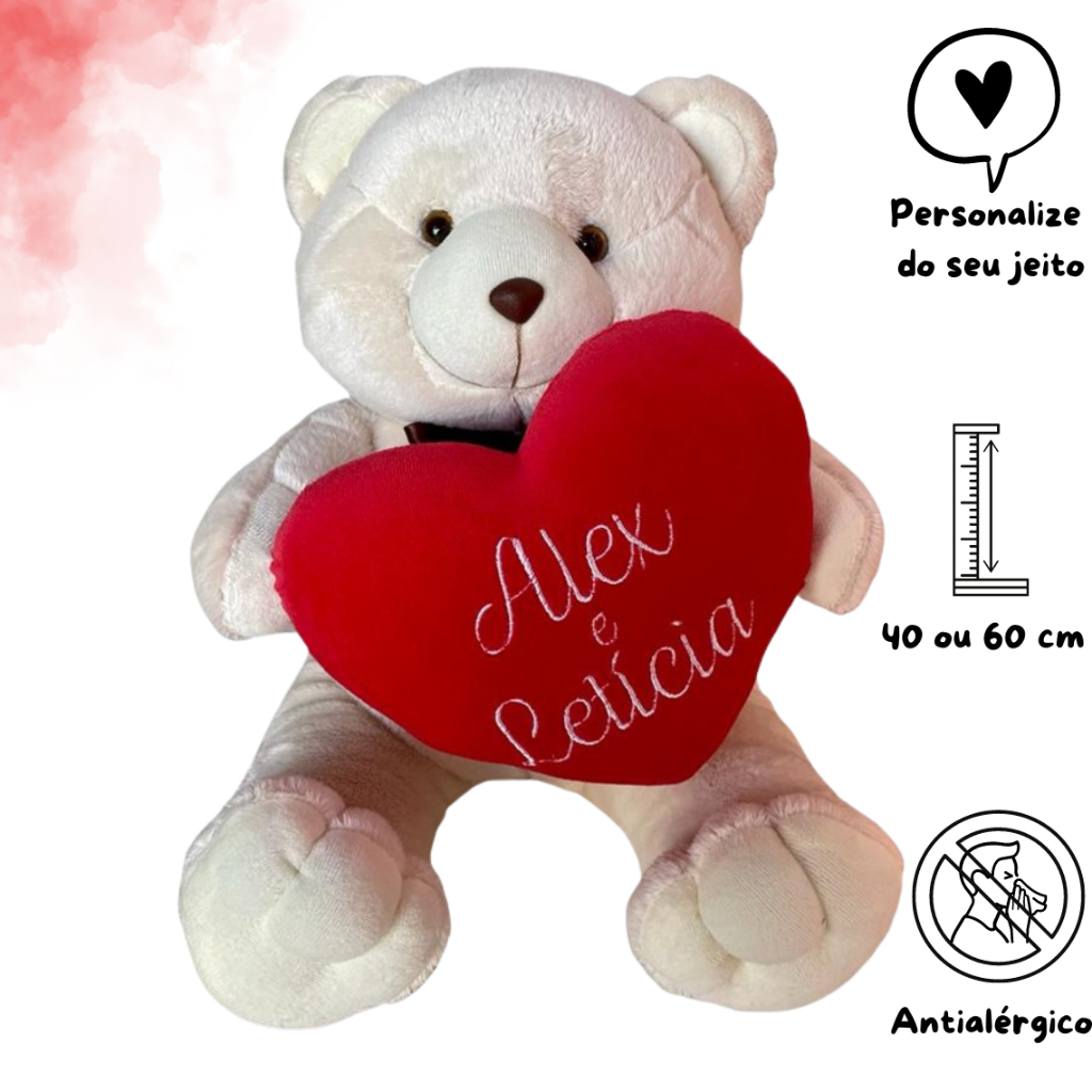 Ursinho de Pelúcia 40 ou 60 Cm com Coração Personalizado com Nome ...