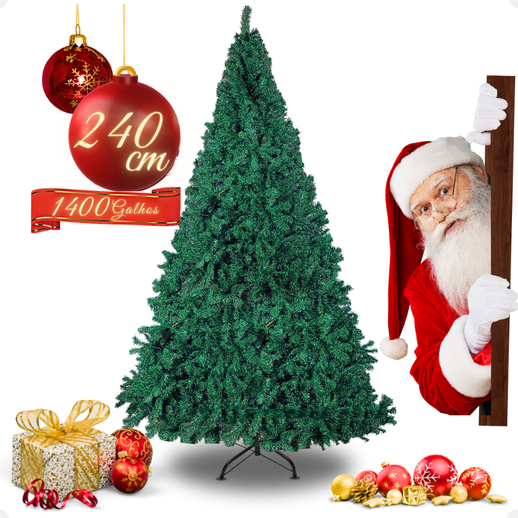 Árvore De Natal Pinheiro Grande Luxo 240cm 1400 Galhos Verde