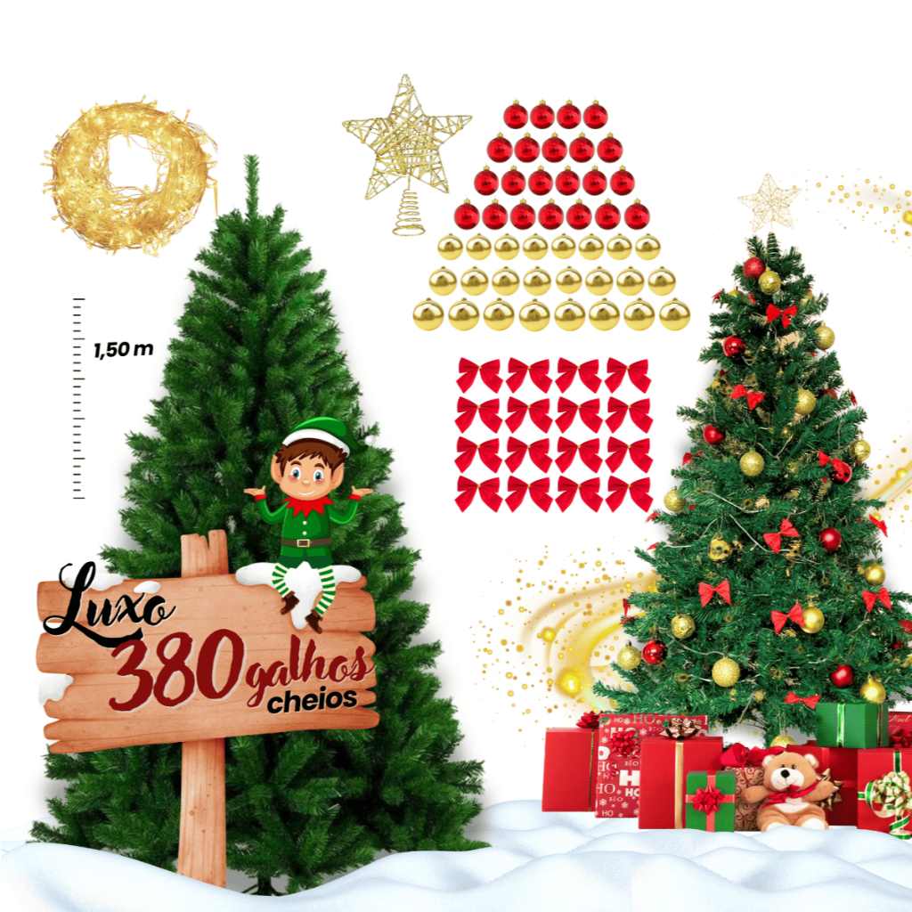 Árvore de Nata 1,50m Decorada 380 Galhos + 82 Enfeites Pinheirinho de ...