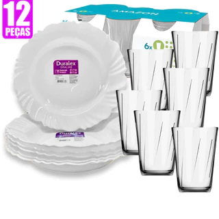 JOGO de 12 peças Vidro Branco Opaline Duralex 6 Pratos PÉTALA e 6 copos Amazon 190ml de Jantar e Almoço