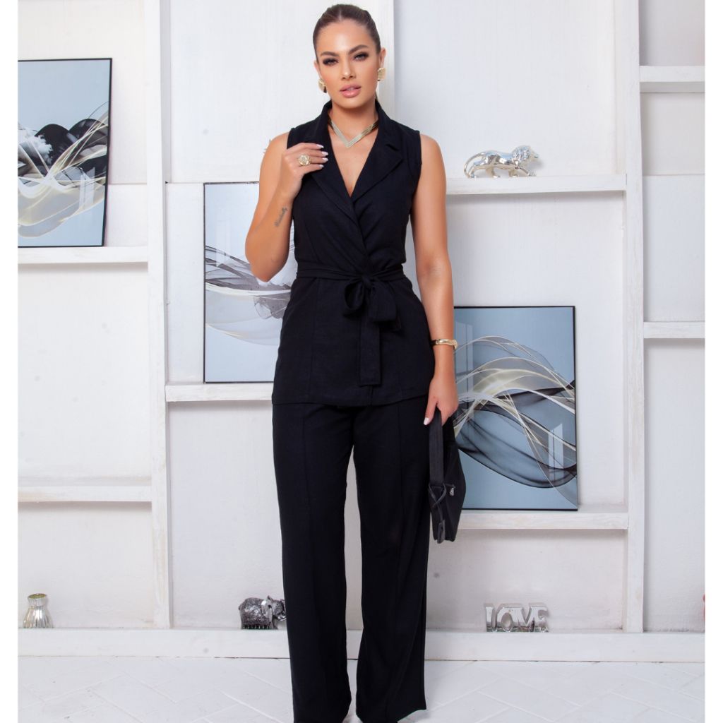 Conjunto Calça Pantalona Linho Misto Alfaiataria e Max Colete com Faixa  Social Elegante REF: Jessy