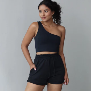Kit 2 Peças Cropped Mula Short Moletinho Liso Bolso Lateral Elástico Cintura Alta