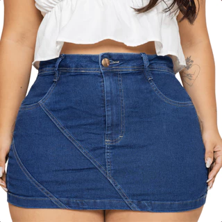 Short Saia Jeans Plus Size Cós Alto Levanta Bumbum Com Detalhes