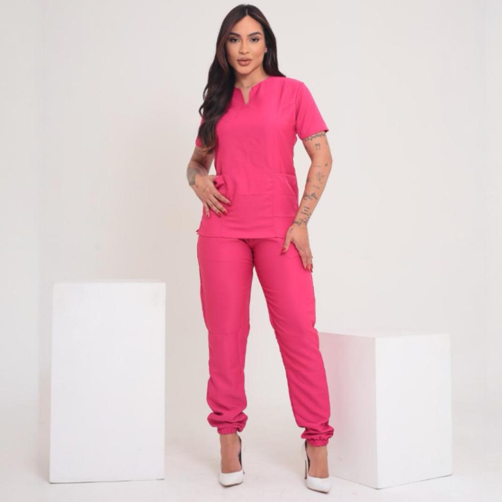 Pijama Hospitalar Cirúrgico Scrub Rosa Feminino Acinturado