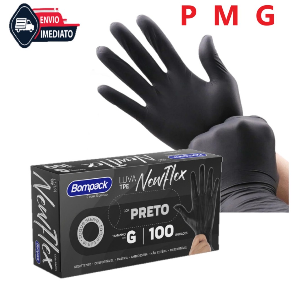 Luva TPE Flex Preta sem po Descartável TPE 100 unidades Tamanhos P M G