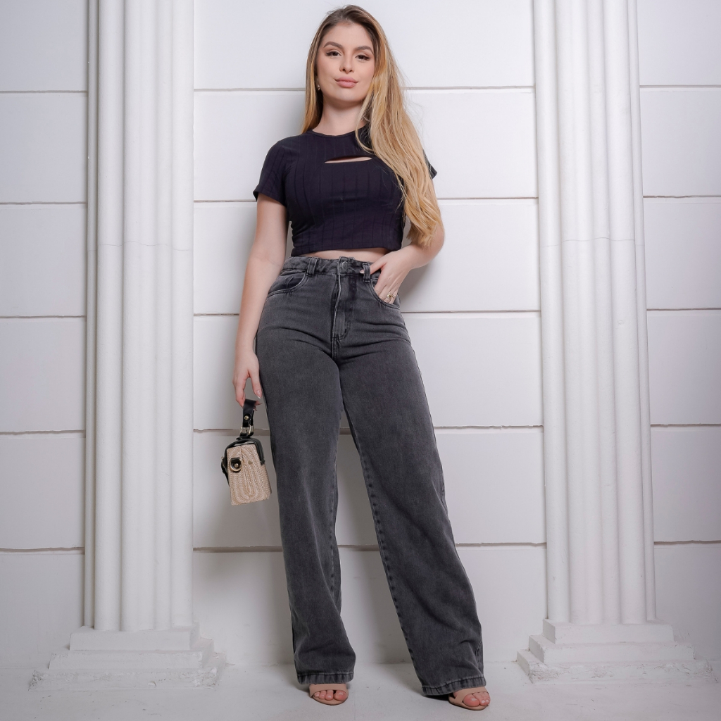 Calça Jeans Feminina Wide Leg Pantalona Cintura Alta