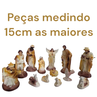 Presépio de natal pequeno completo 15cm gesso maciço dourado