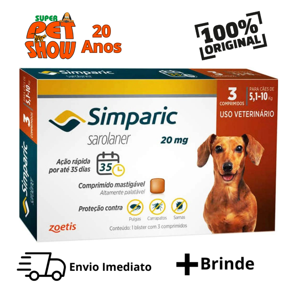 Simparic Cães de 5 a 10 KG - 20 Mg - Caixa Com 3 Comp - Zoetis ORIGINAL ...