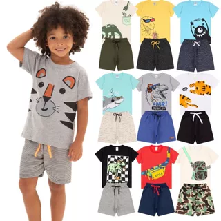 Kit Sortido 5 Conjuntos de Roupa Infantil Menino - Tamanhos 1 ao 10 - 5 Camiseta + 5 Bermuda - Menino Verão Masculino Bebe Barato
