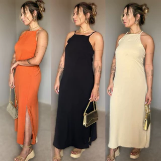 Vestido Longo Brenda Feminina Com Fenda Alça Regulavél Cores Verão 2024 Tecido Leve Fresco em Oferta na Shopee