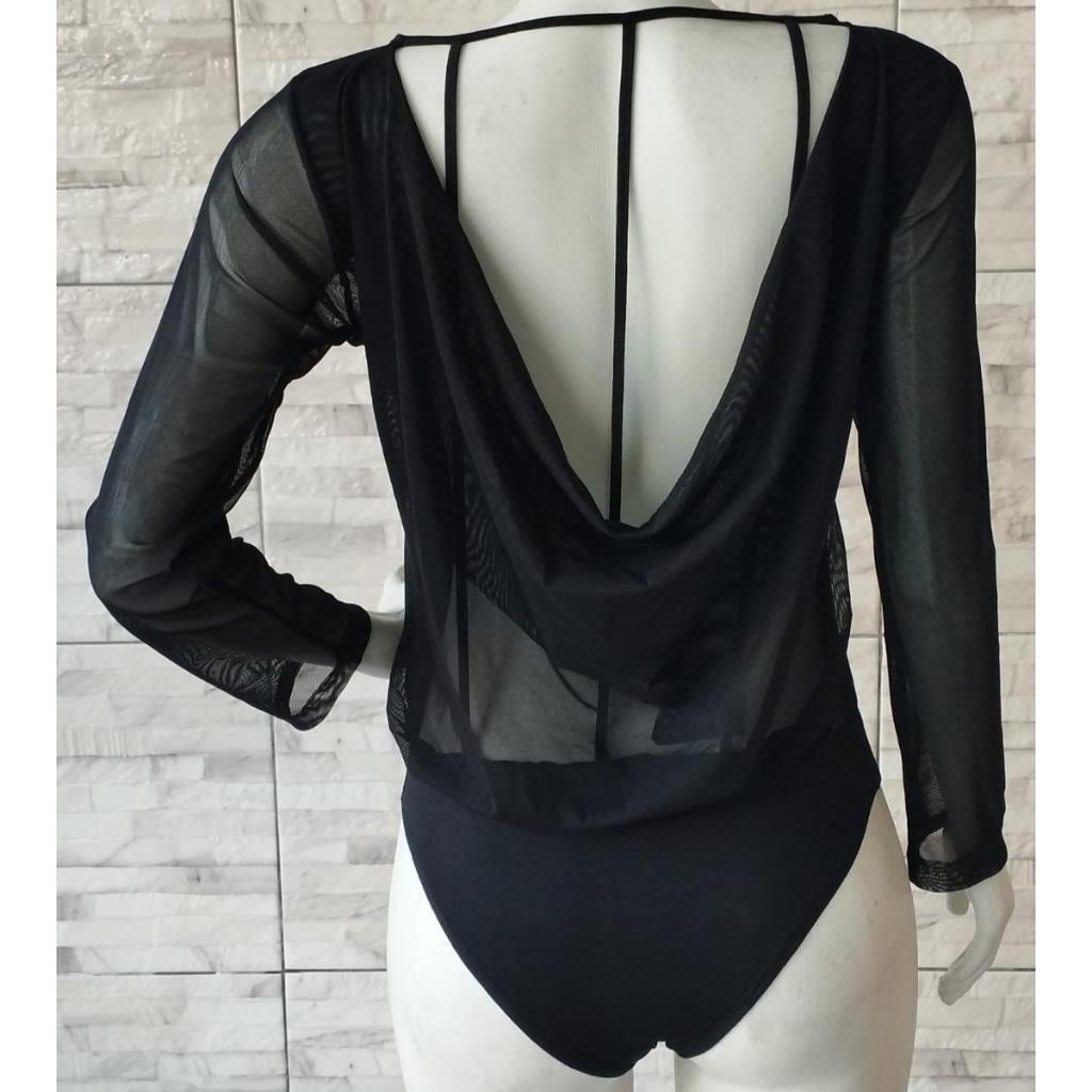 body em tule aberto nas costas manga longa preto Tam G | Shopee Brasil