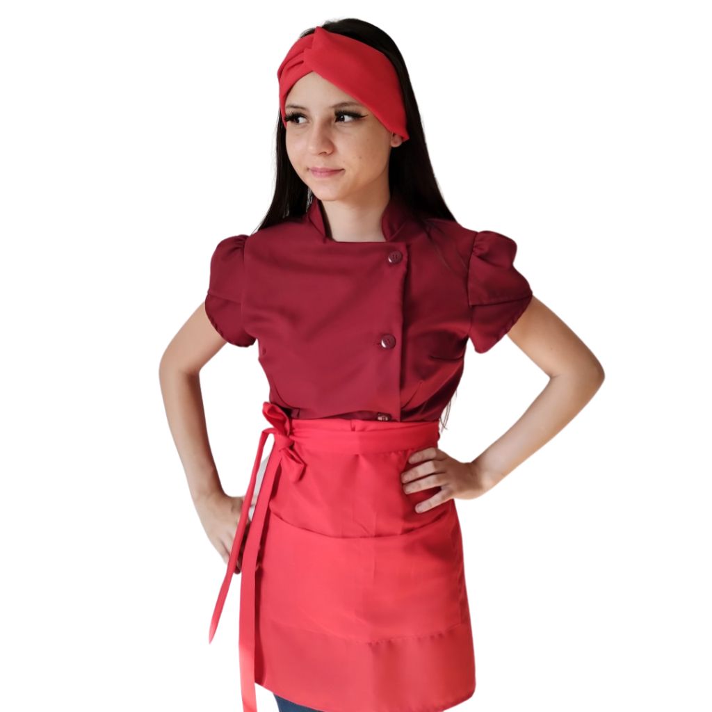 Dolma Chef de Cozinha Chef Confeiteira Gabardine Manga Curta Feminina Avental Uniforme Profissional