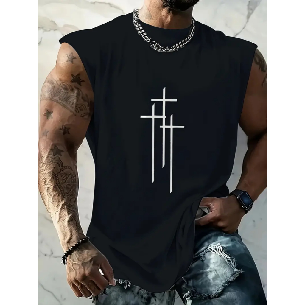 Camiseta Regata Preta com Estampa de Três Cruzes Minimalistas Maromba