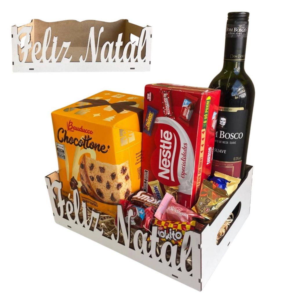 Cesta Natalina Feliz Natal Mdf Branco C/ Alça Festa Ideias Presentes Comemoração Empresas Charmosa