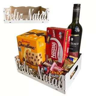Cesta Natalina Feliz Natal Mdf Branco C/ Alça Festa Ideias Presentes Comemoração Empresas Charmosa