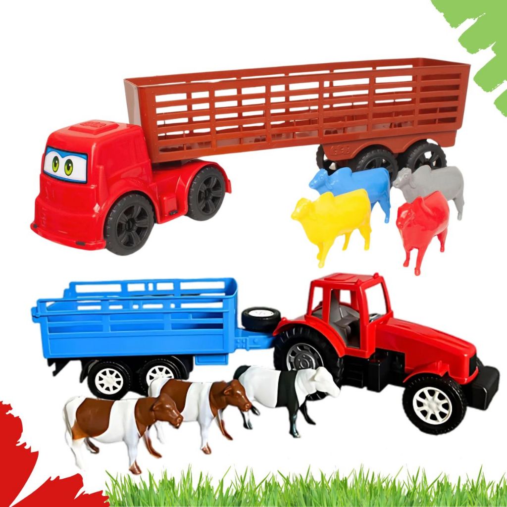 Kit Brinquedo 1 Trator Fazendinha C/ 3 Bois 1 Caminhão Boiadeiro 4 C ...