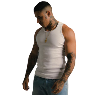 Regata Masculina Branca Preta de Academia Justa Canelada Estilo Americana Hip Hop Rapper