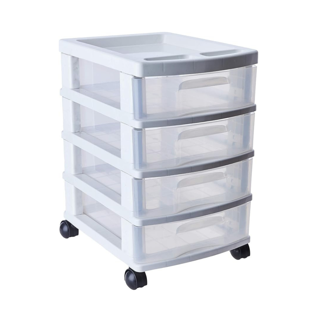 Gaveteiro Branco 4 Gavetas finas transparentes com rodinhas- 930