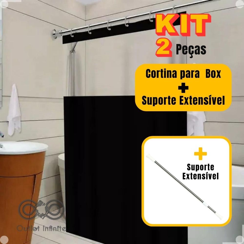 Cortina Box Banheiro Com Visor Lisa Antimofo C/ Ganchos + Suporte de Cortina
