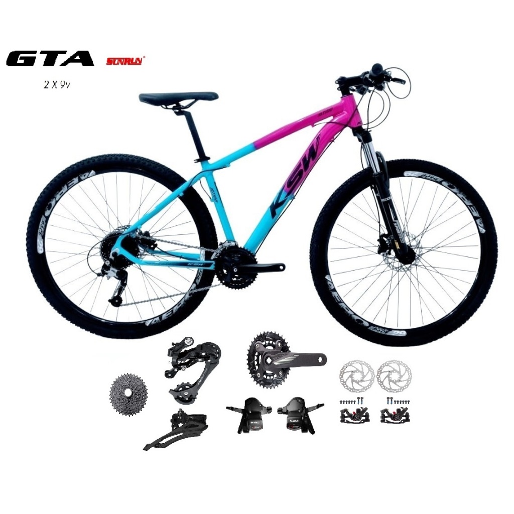 Bicicleta Aro 29 KSW XLT Kit 2x9 Gta Sunrun Freio Disco K7 11/36
