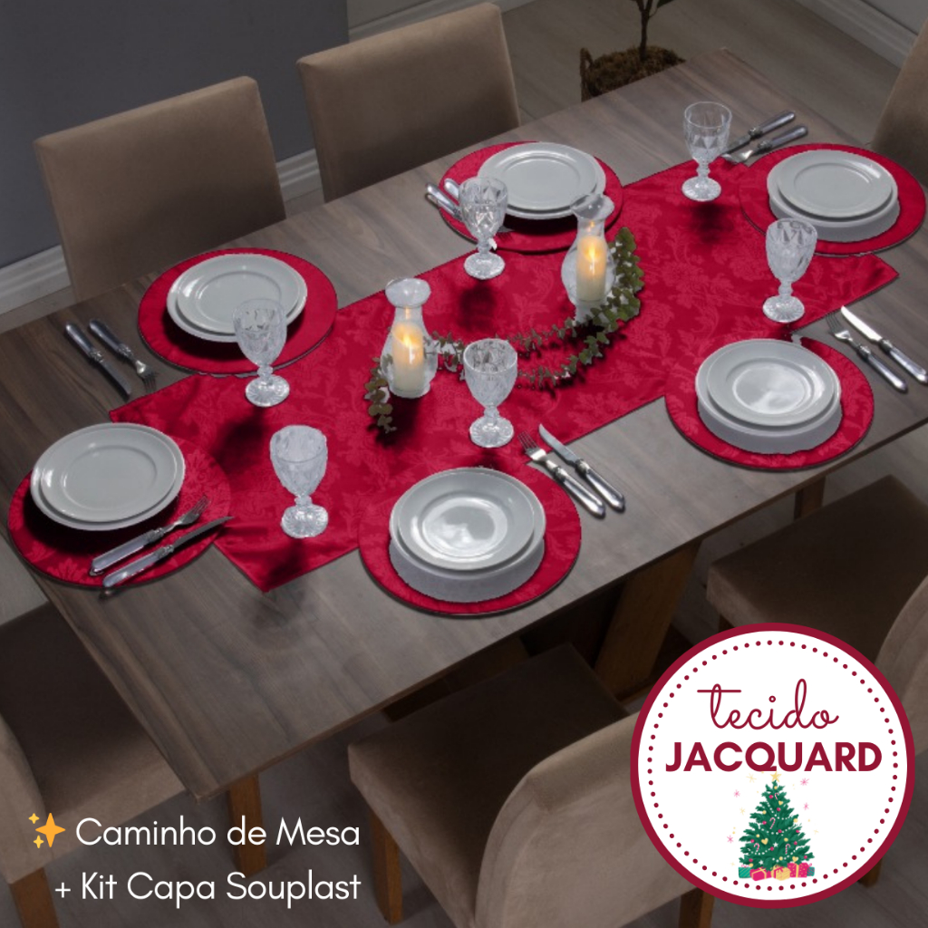 Caminho de Mesa e Kit de Capas Souplast Natalino Tecido Jacquard Decoração Ceia Natal Supla Elegante
